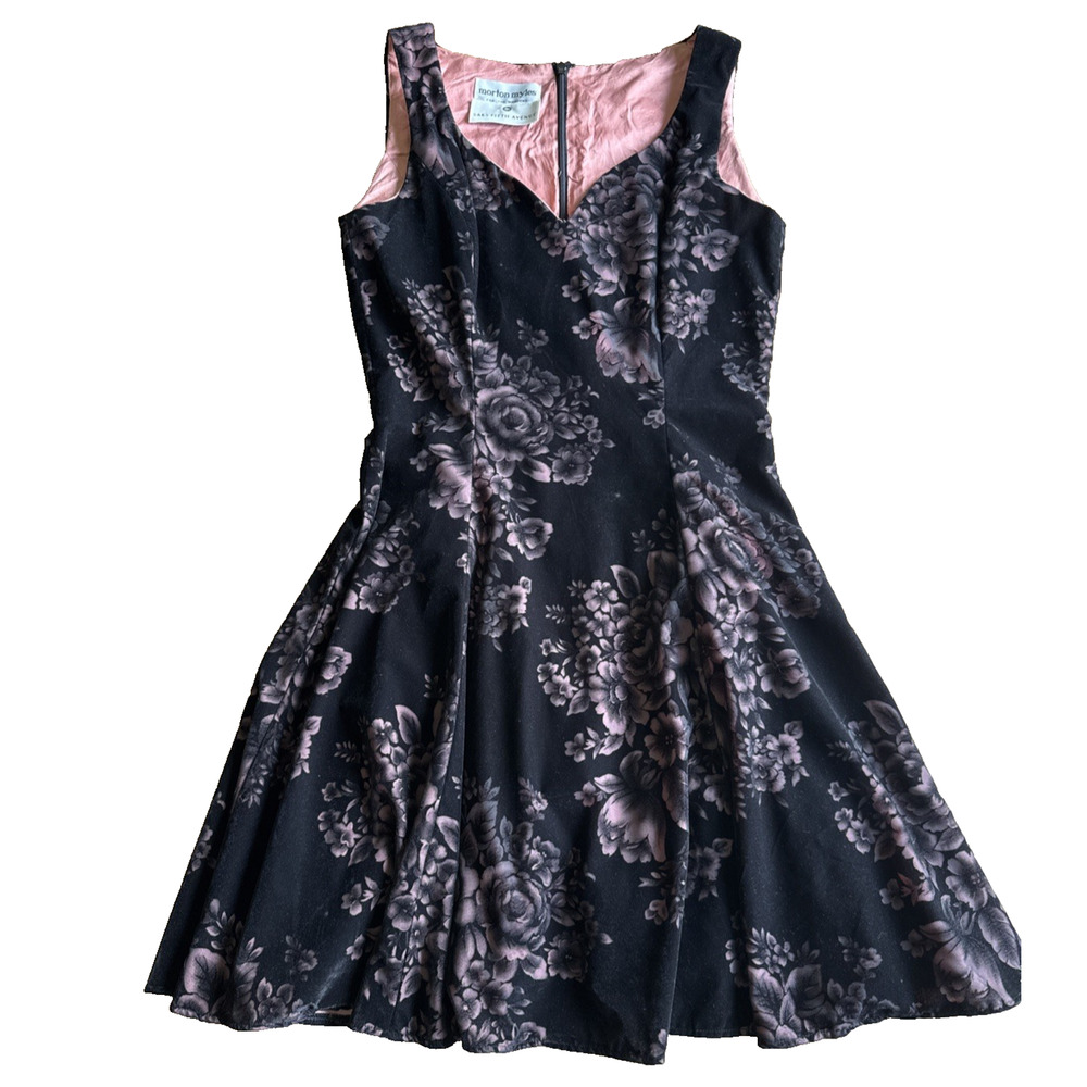 Morton Myles Saks 5th Ave VTG Black Burnout Velvet Floral Fit & Flare Dress 6